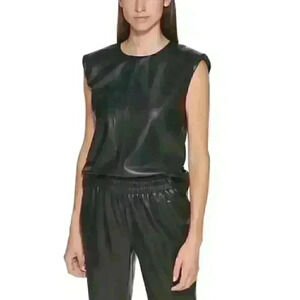 Calvin Klein Women's L Sleeveless Faux Leather Top In UFU/Cafe Ole NWT $79.50